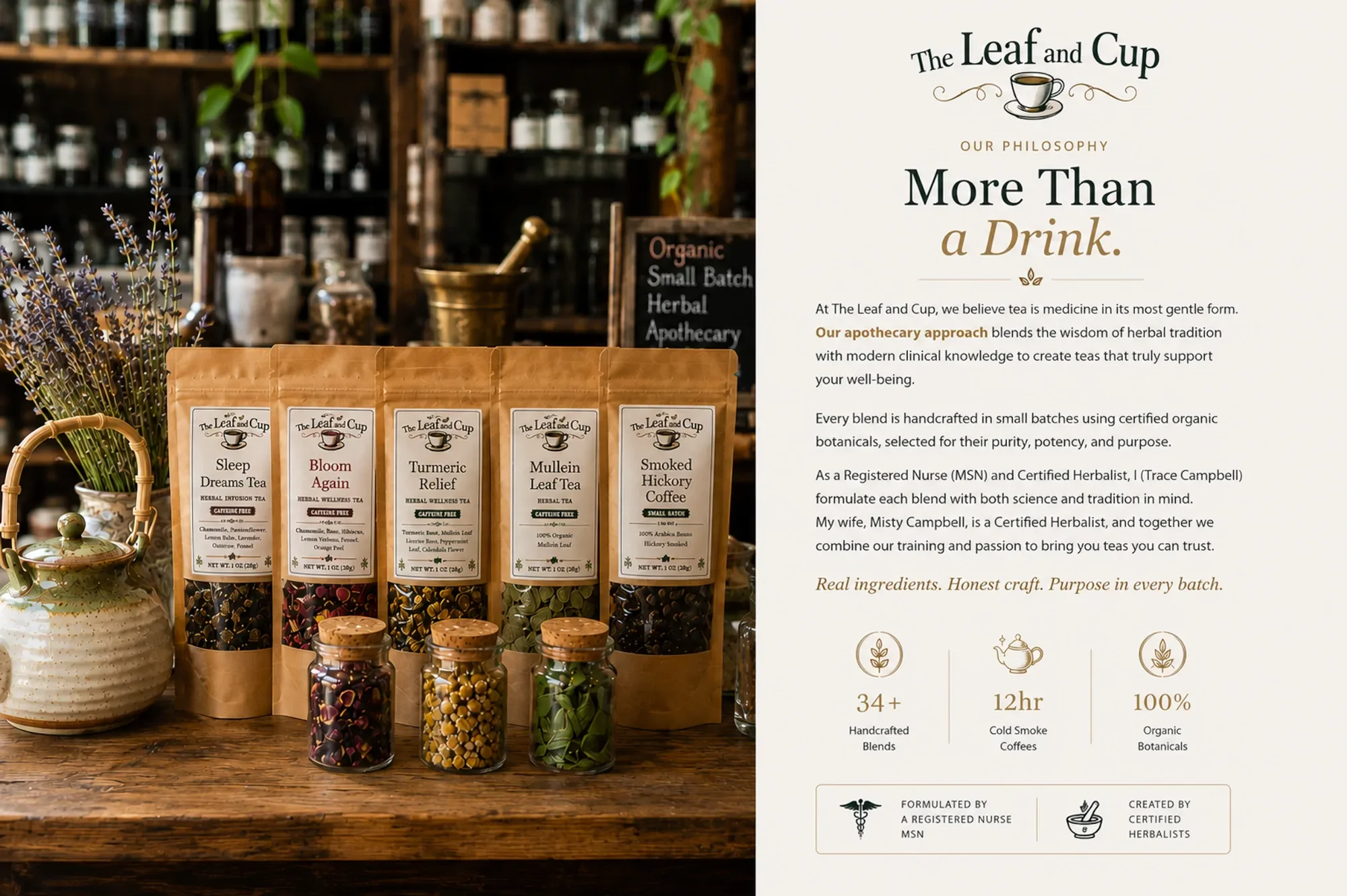A display of herbal teas in paper bags and small glass jars, with a background of spice bottles and shelves in a cozy tea shop setting. The right side of the image has text describing the philosophy and products of The Leaf and Cup, emphasizing handcrafted herbal blends, organic ingredients, and the expertise of a registered nurse herbalist.