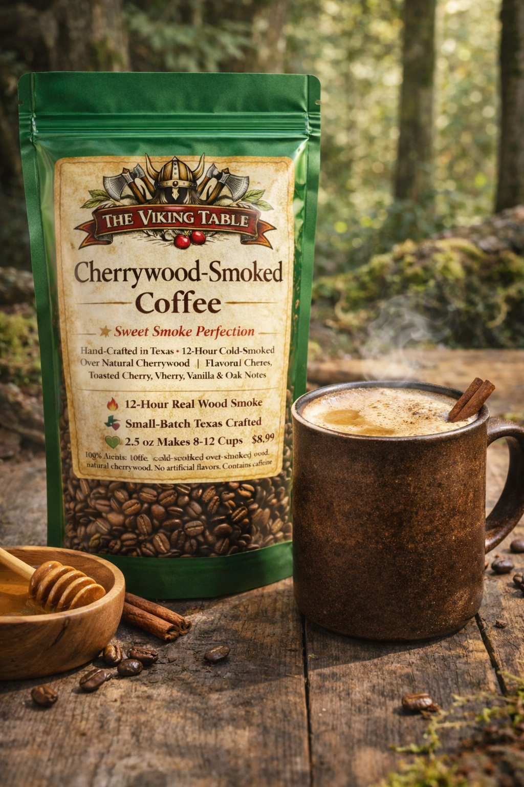 Cherrywood smoked coffee bag with hot coffee in mug, honey, cinnamon sticks, and coffee beans on rustic wooden table in forest setting