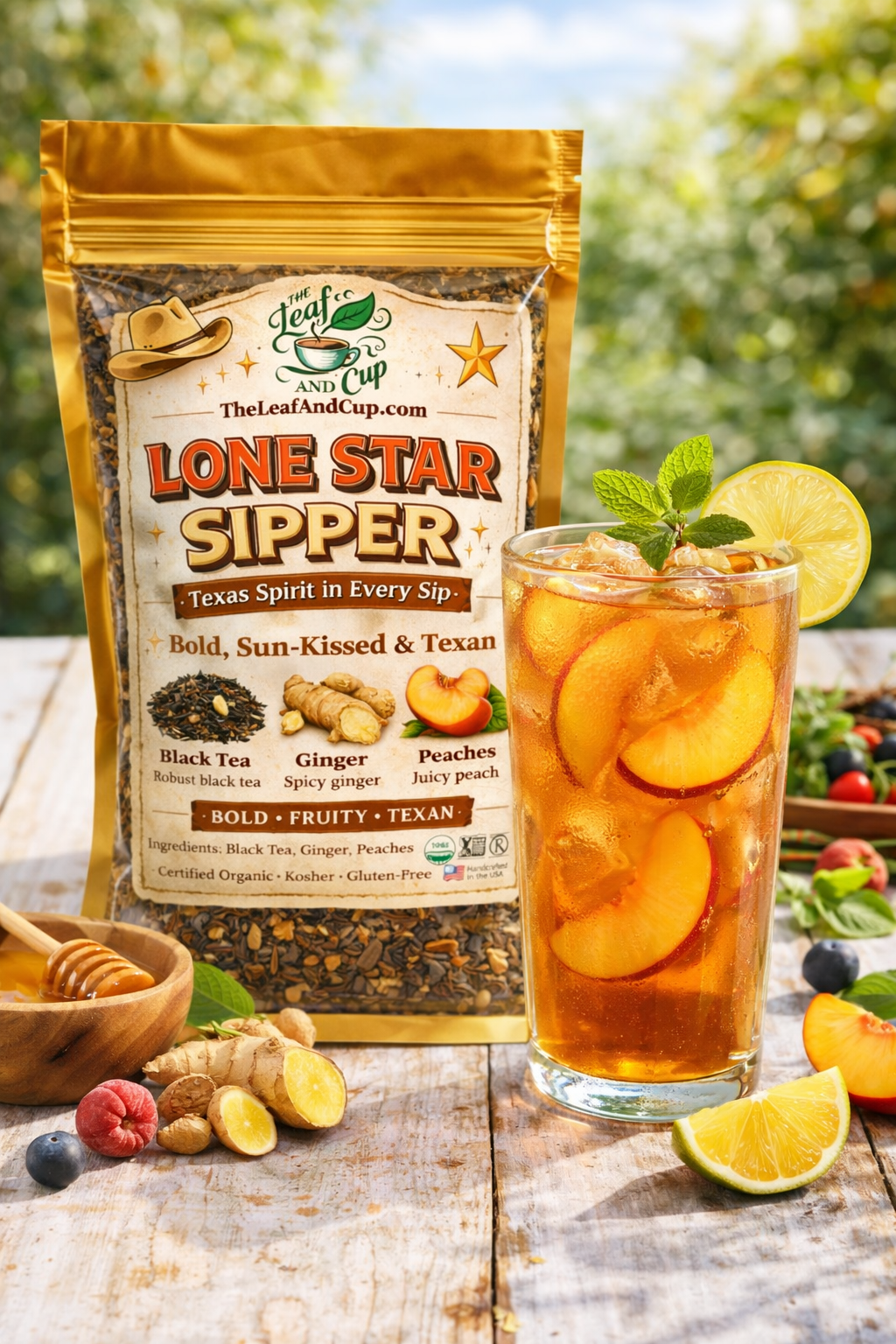 Lone Star Sipper peach ginger black tea bag with iced peach tea, fresh peach slices, ginger root, lemon, and honey on wooden table