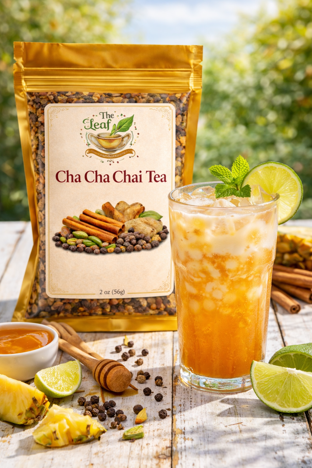 Cha Cha Chai Tea loose leaf bag with iced chai mocktail, pineapple, lime, honey, and spices on a wooden table