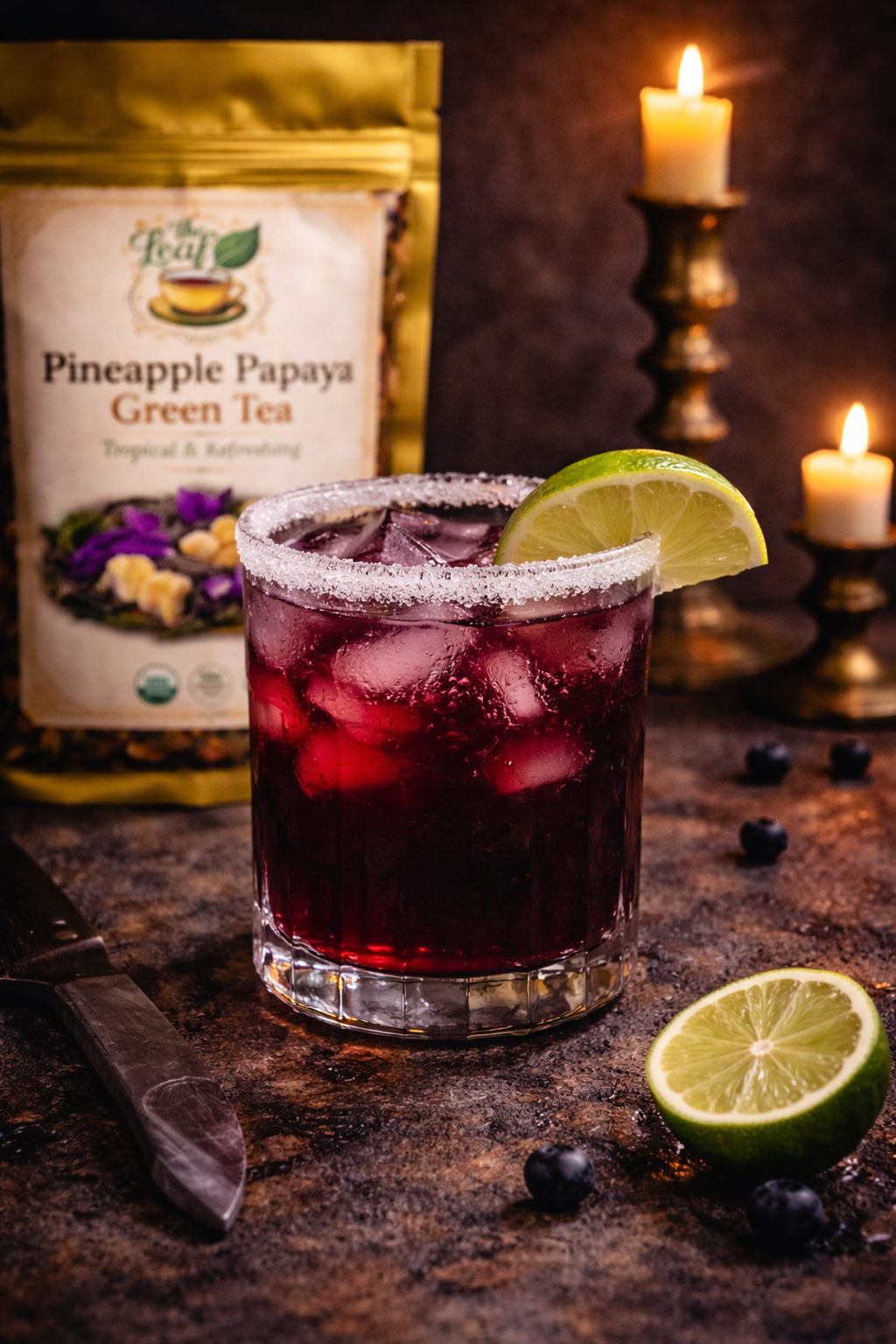 Pineapple Papaya green tea bag with dark iced mocktail, sugared rim, lime wedge, and blueberries on moody candlelit table