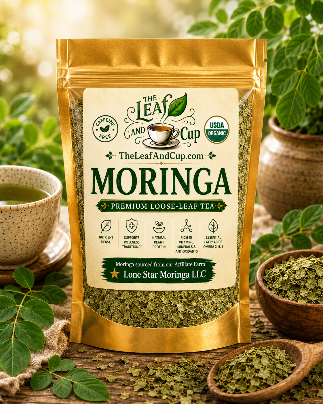 Bag of The Leaf and Cup organic moringa loose-leaf tea, USDA Organic and caffeine-free, sourced from Lone Star Moringa LLC