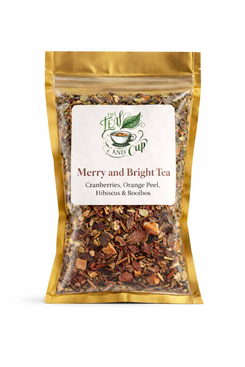 Merry and Bright Tea loose leaf herbal fruit tea blend by The Leaf and Cup package