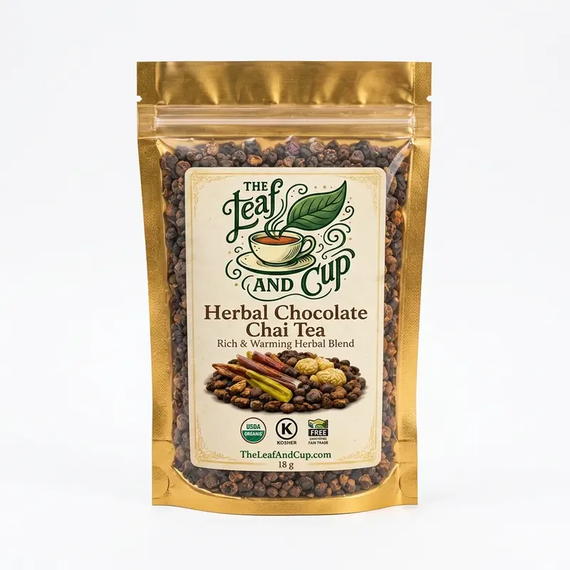 Cha Cha Chocolate Chai rooibos tea bag with cacao nibs and warming spices, 18g, The Leaf and Cup