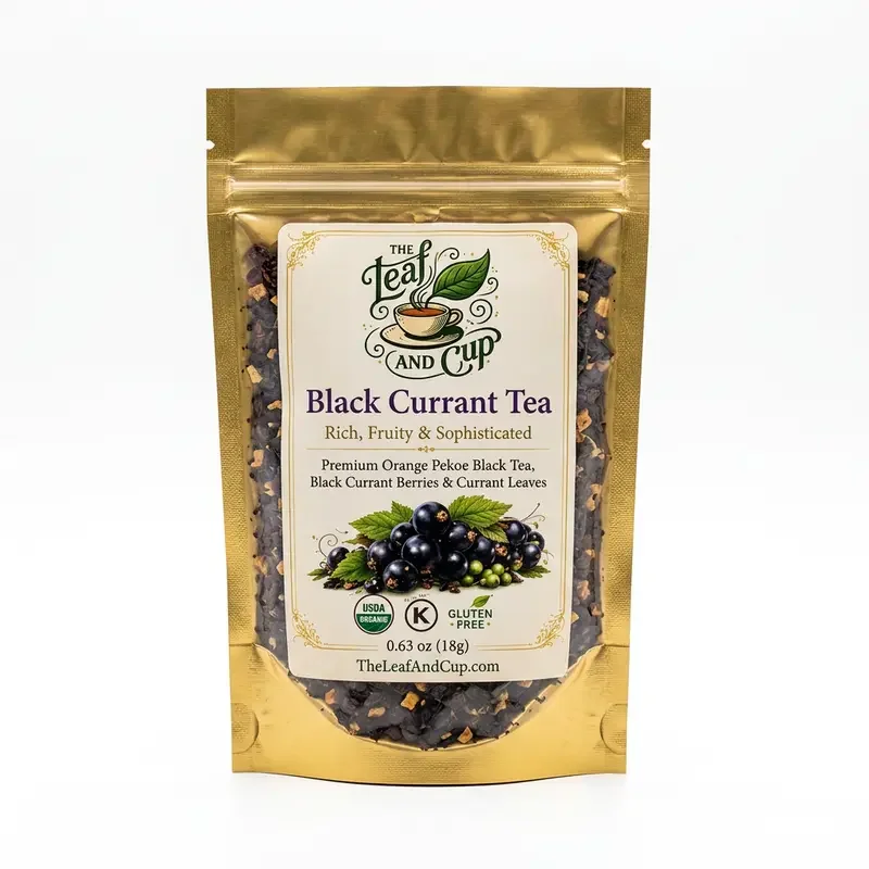 Black Currant Tea bag with black currant berries and leaves, USDA organic, 18g, The Leaf and Cup
