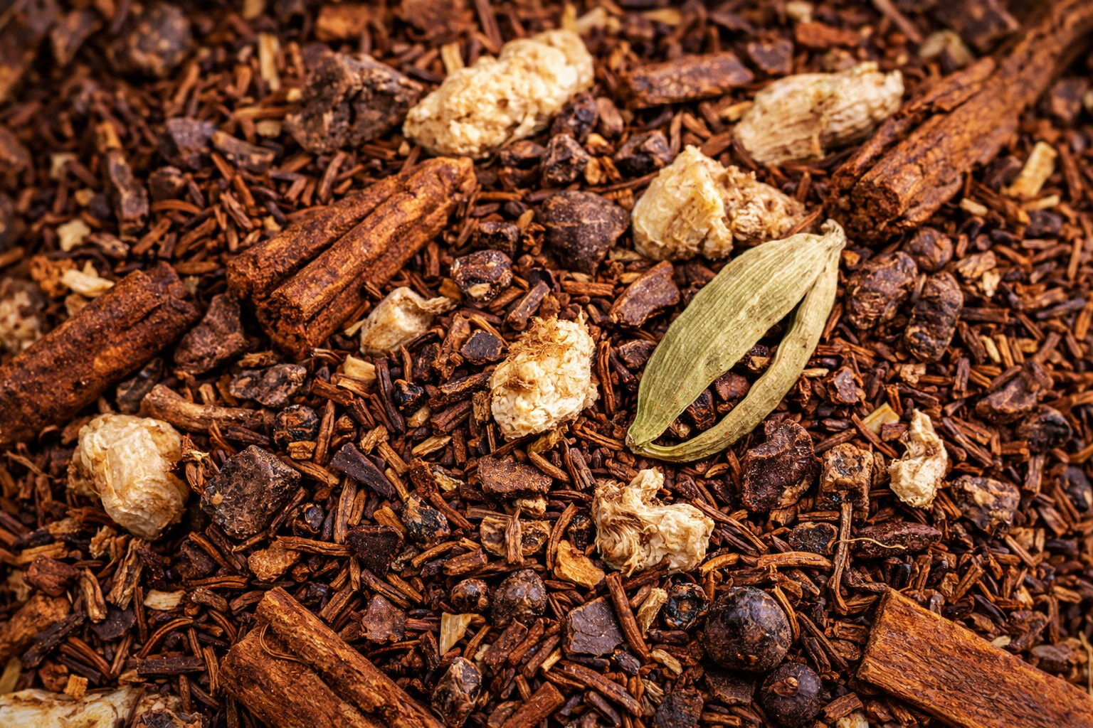 Herbal Chocolate Chai Tea loose leaf herbal chai blend showing dried spices and cacao