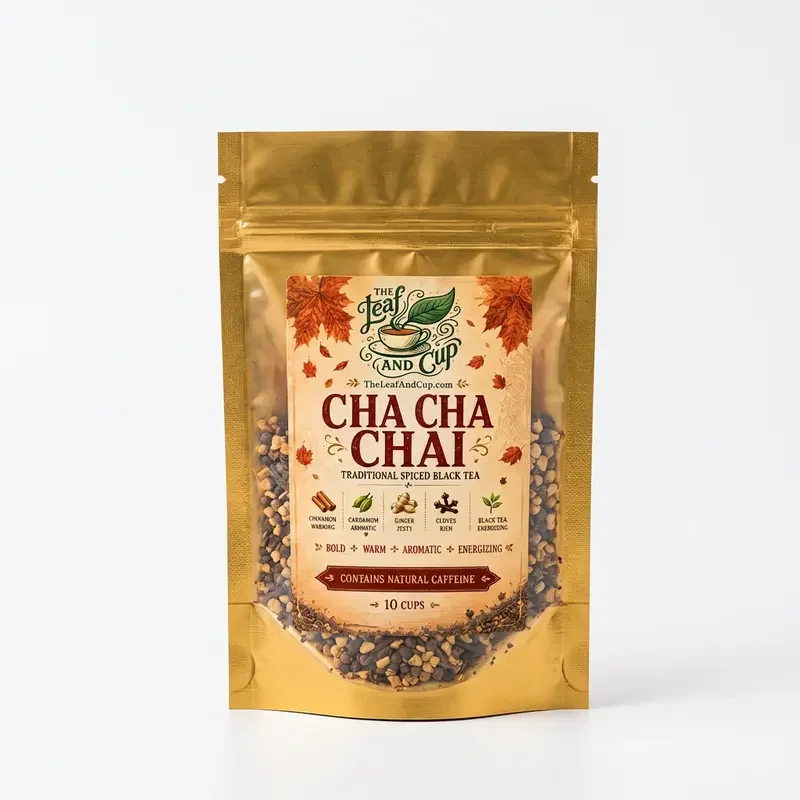 Cha Cha Chai spiced black tea bag with cinnamon, cardamom, ginger, and cloves, The Leaf and Cup