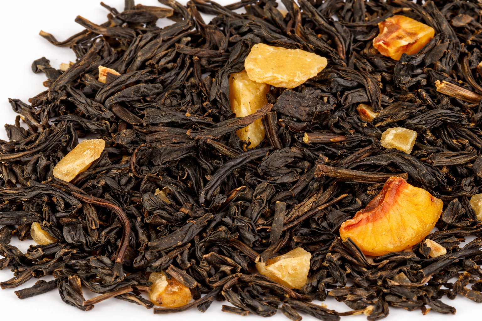 Lone Star Sipper loose leaf black tea blend showing dried peach pieces and tea leaves