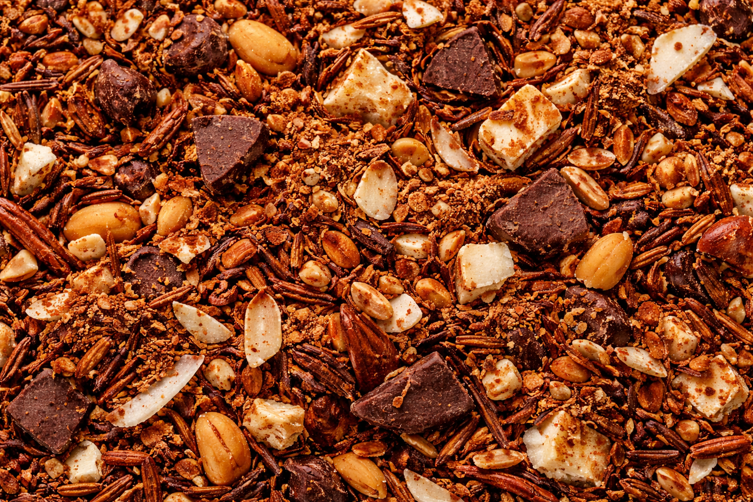 Peanut Butter and Chocolate Cup Tea loose leaf herbal tea blend showing cacao and peanuts