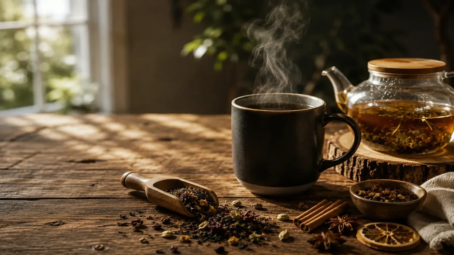 Steaming tea beside a glass teapot and loose tea on a rustic wooden table at The Leaf and Cup