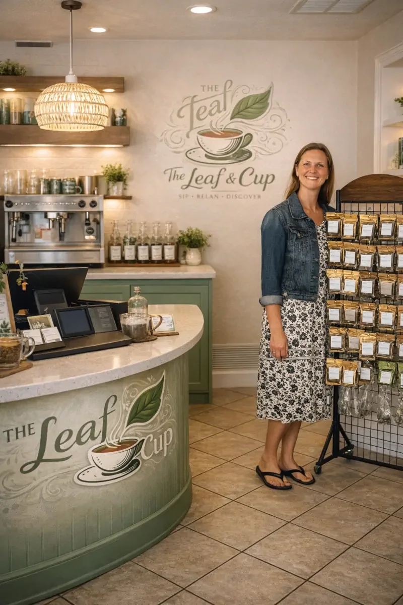 A woman standing behind the counter at a tea shop called 'The Leaf & Cup', with a smile, wearing a floral dress and denim jacket, on a tiled floor with a display rack of packaged tea products, decorated with plants and a wall sign featuring a tea cup and leaf design.