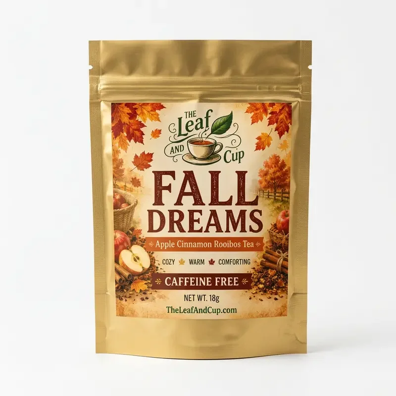 Fall Dreams Apple Cinnamon Rooibos Tea bag, caffeine-free, 18g, The Leaf and Cup