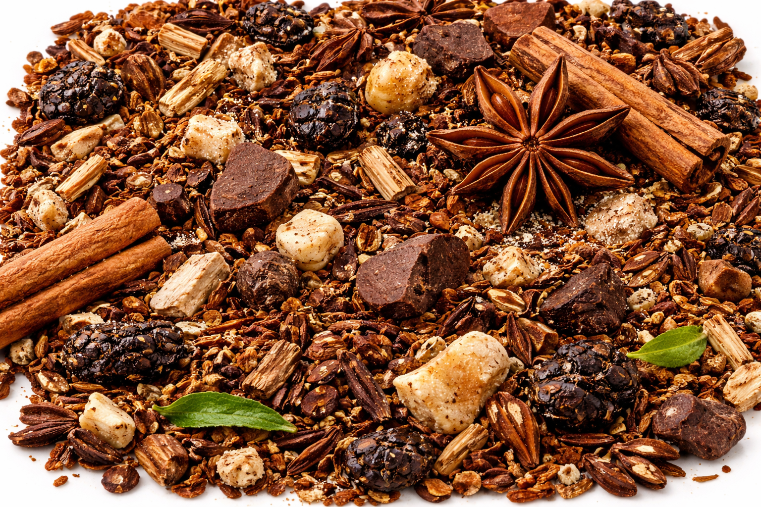 Root Beer herbal loose leaf tea blend showing dried roots and spices