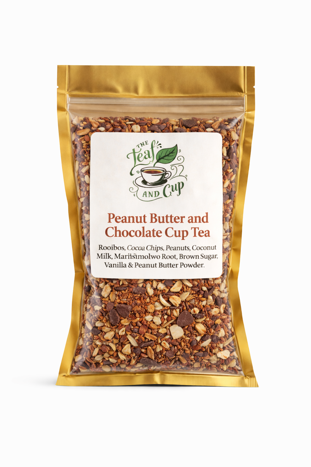 Peanut Butter and Chocolate Cup Tea loose leaf herbal tea blend by The Leaf and Cup package