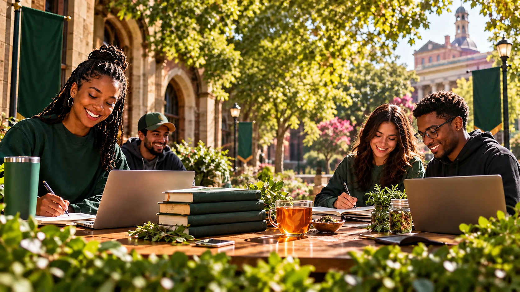 Four young adults sitting at a wooden outdoor table, studying and smiling, with books, laptops, and jars of plants in a park-like setting with trees and historic building in the background.