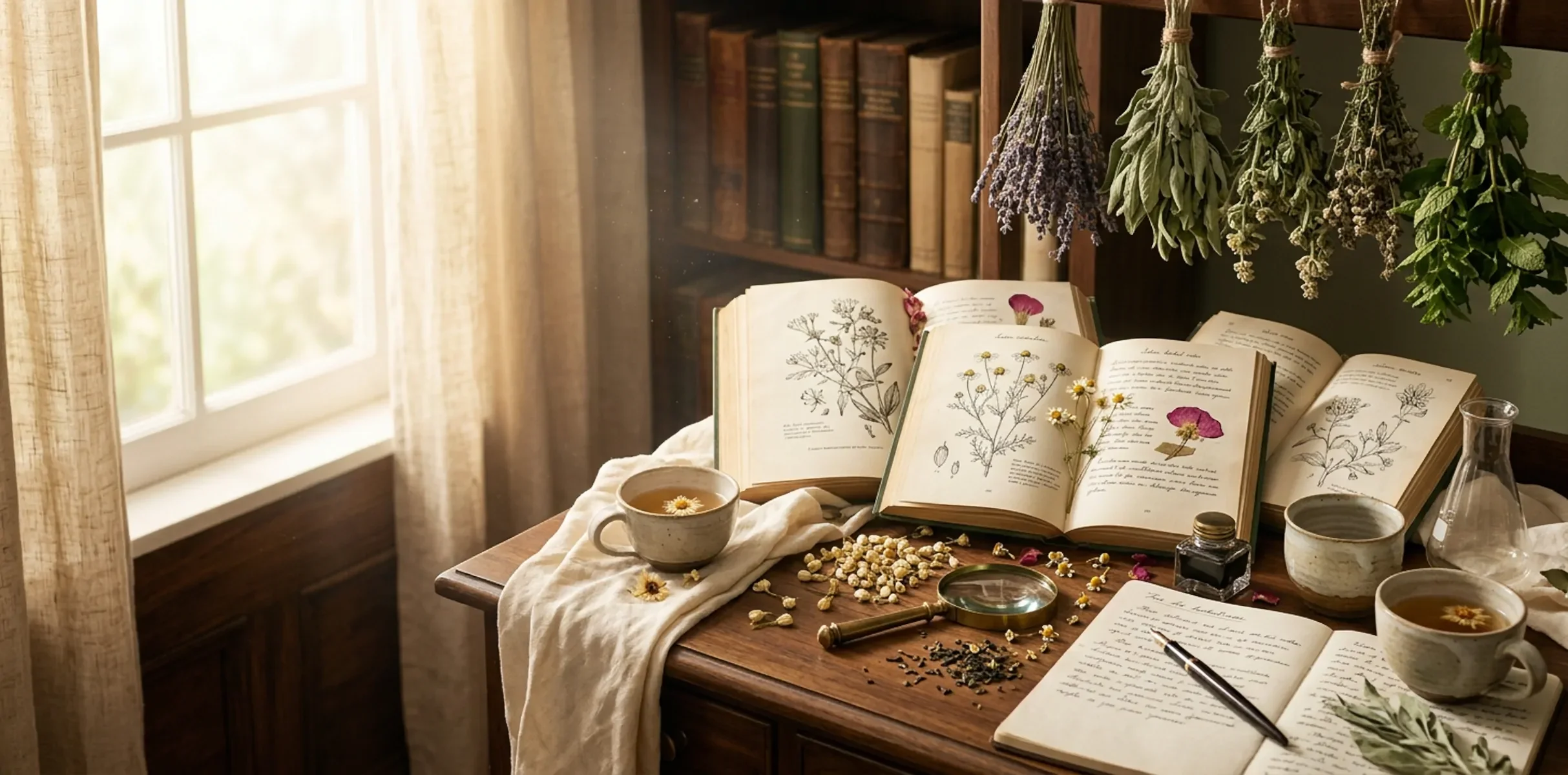 The Daily Sip by The Leaf and Cup featuring a botanical workspace with loose leaf tea, herbal reference books, and brewing accessories