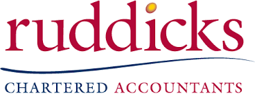 Ruddicks Chartered Accountants logo with red, navy blue, and gold text