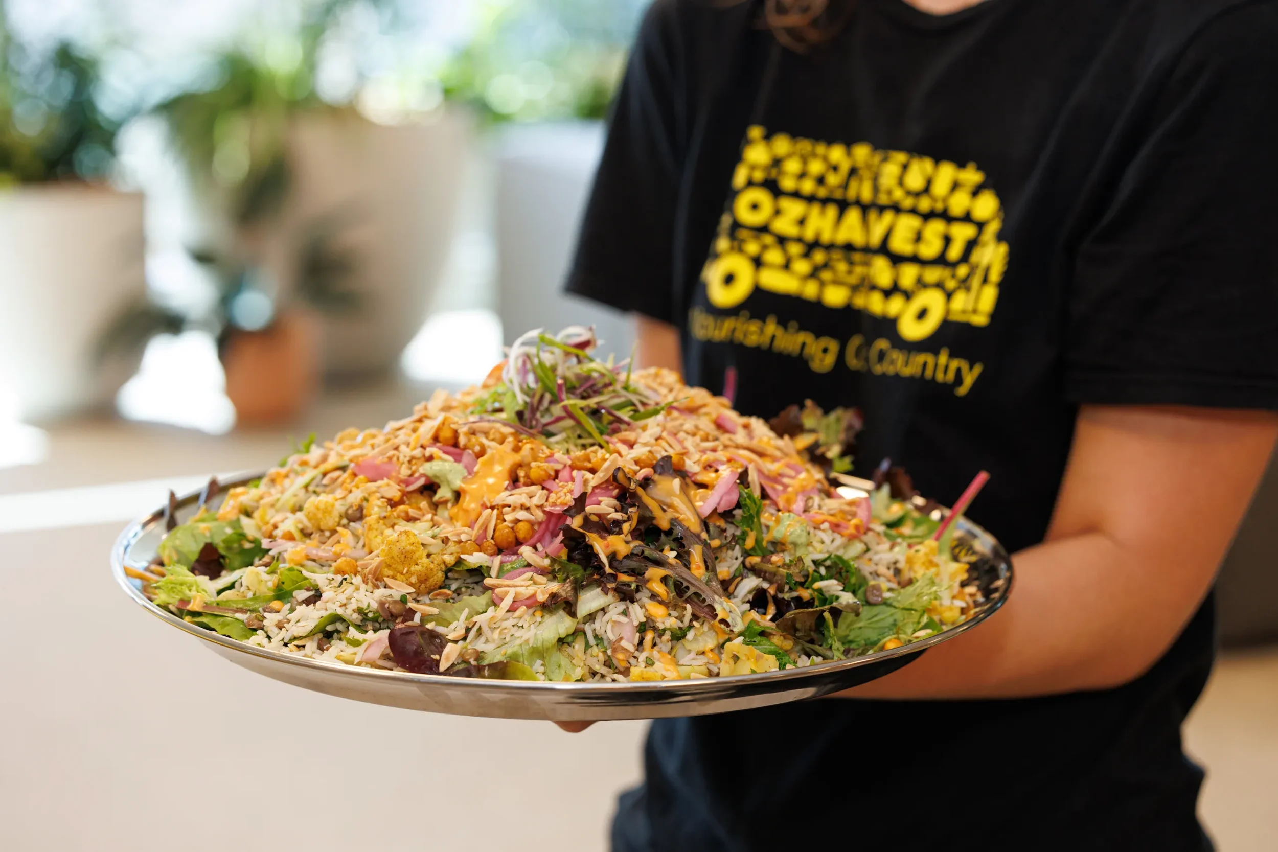Person holding a large platter of salad topped with shredded cheese, shredded meats, nuts, and vegetables, with a blurred background of plants and natural light.