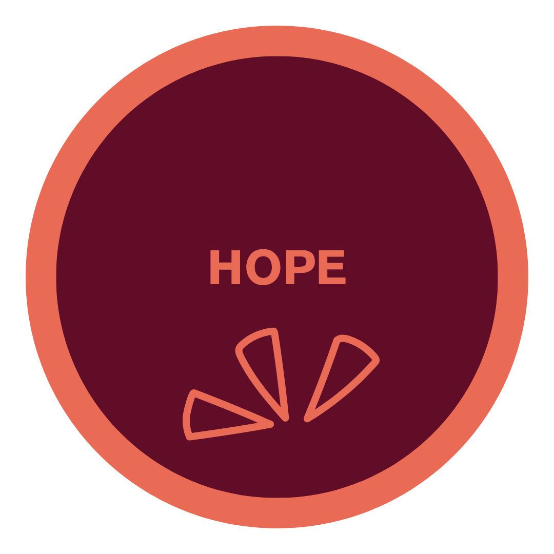 A circular graphic with a dark maroon background, the word 'HOPE' in the center, and three small geometric shapes below it, all surrounded by a light coral border.