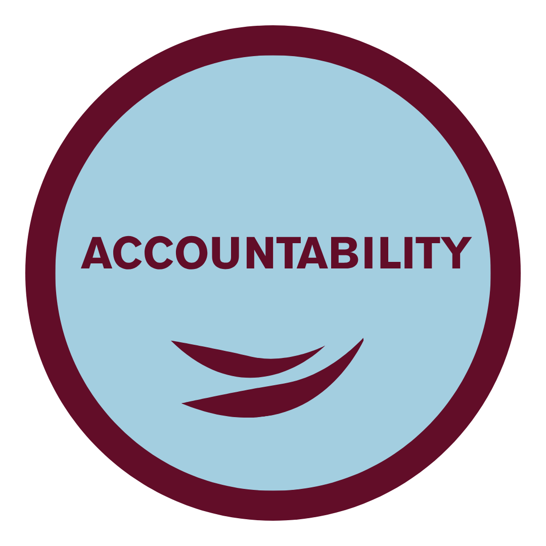 A circular logo with the word 'ACCOUNTABILITY' in bold purple letters and a stylized smiley face underneath, on a light blue background with a dark purple border.