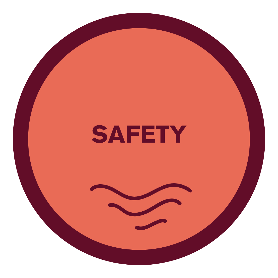 Red circular safety alert button with the word 'SAFETY' in the center and wavy lines underneath.