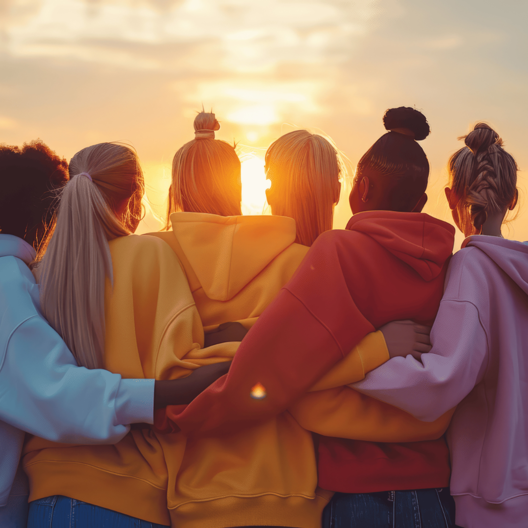 Group of five diverse women standing together and embracing while watching a sunset.