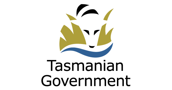 Logo of the Tasmanian Government featuring a stylized animal head and a blue wave.