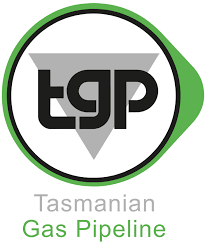 Logo for Tasmanian Gas Pipeline, featuring a green and black circular design with a stylized drop shape and the uppercase letters 'TGP' inside it.