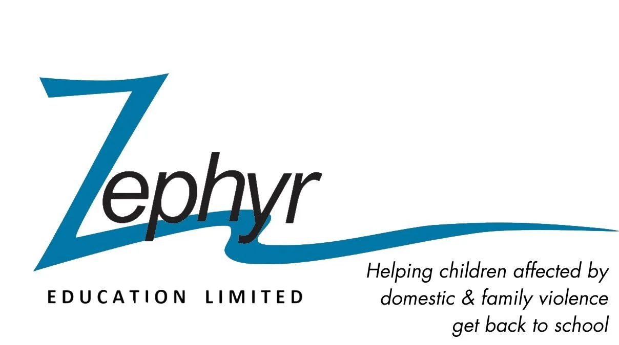 Logo for Zephyre Education Limited with a blue stylized 'Z' and black text, accompanied by the tagline 'Helping children affected by domestic & family violence get back to school'.