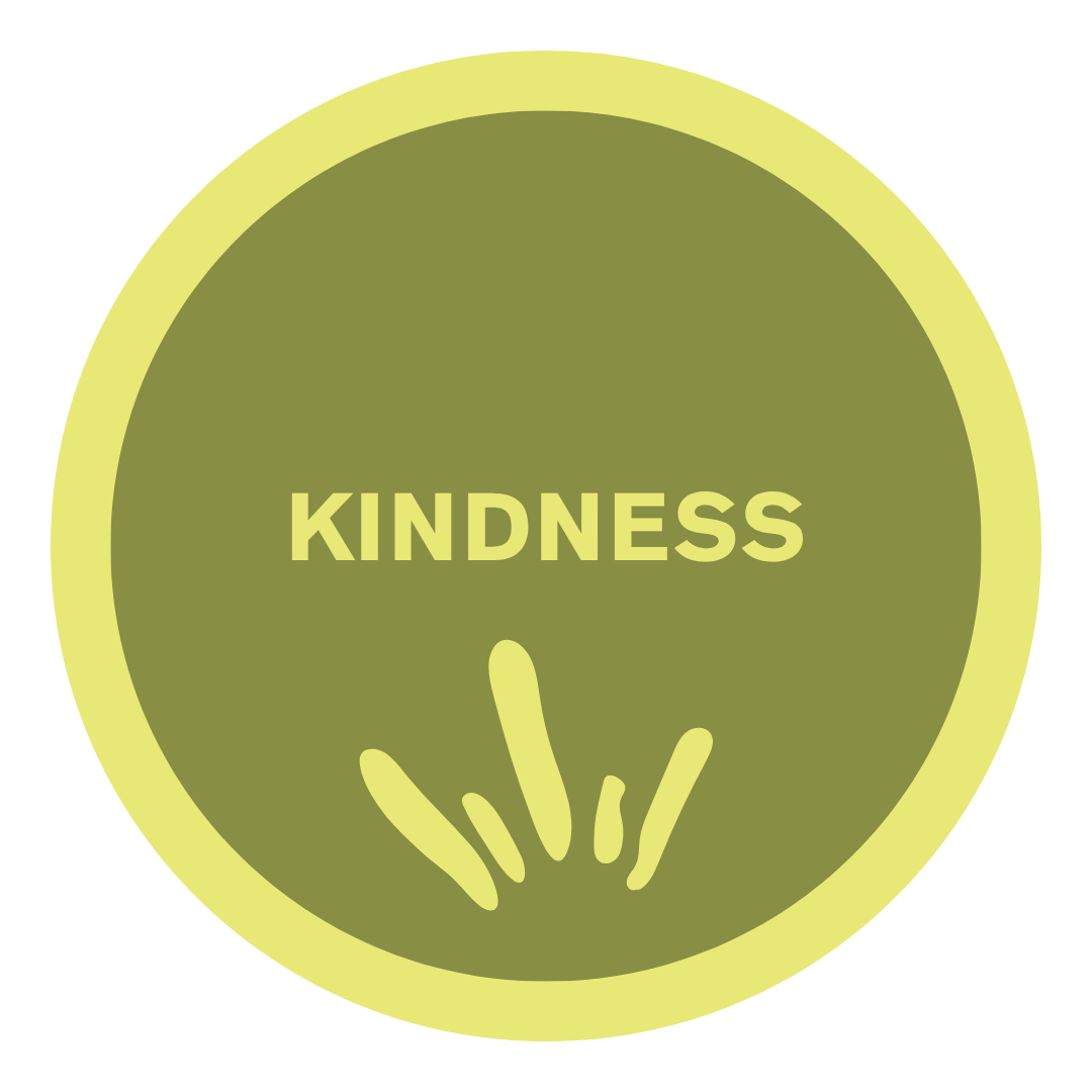 A circular graphic with the word 'KINDNESS' in the center and three small lines beneath it, all in a muted green color scheme.
