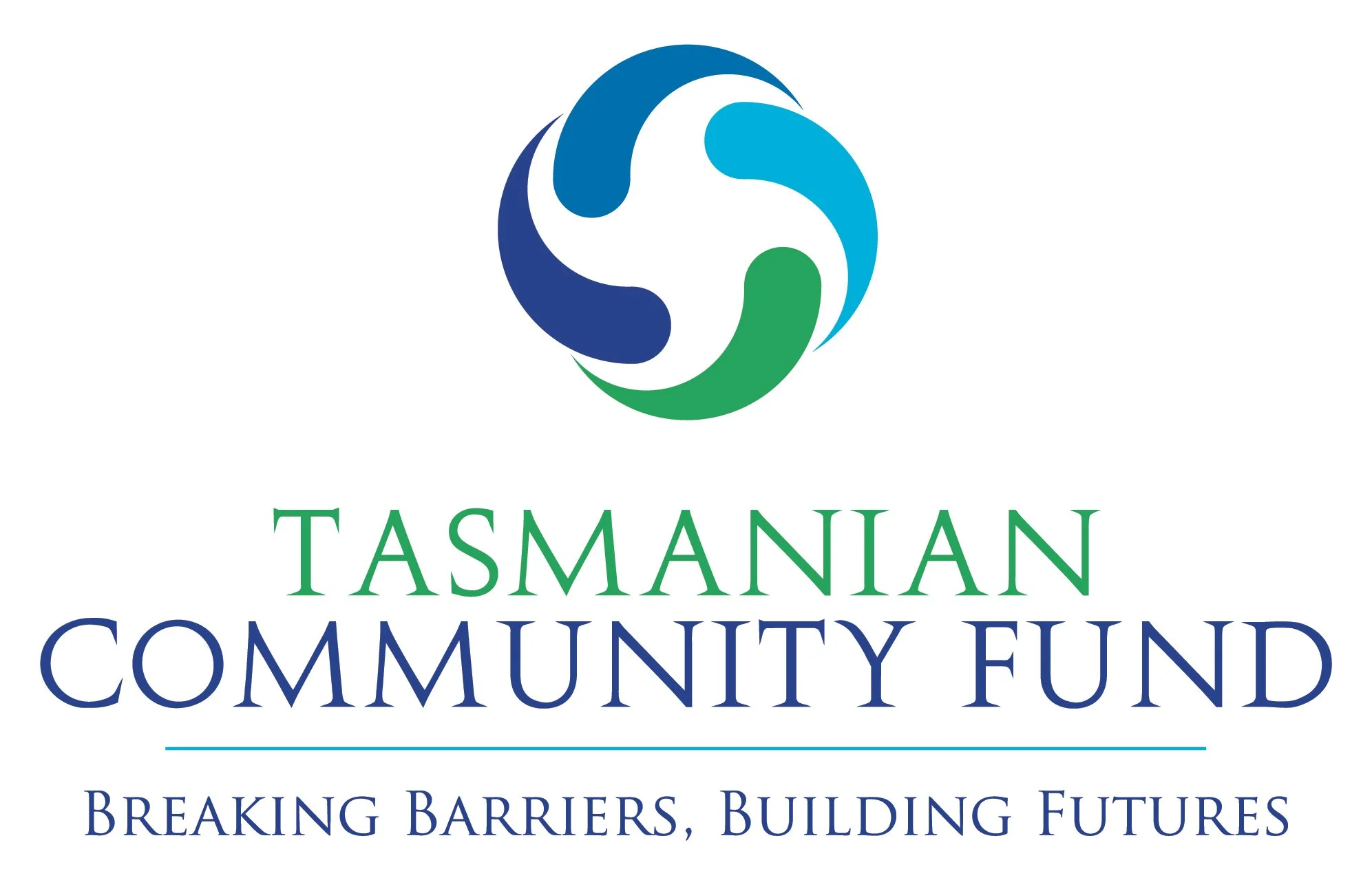 Logo of Tasmanian Community Fund with a circular emblem in blue, green, and dark blue, and the words 'Tasmanian Community Fund' and the tagline 'Breaking barriers, building futures'.