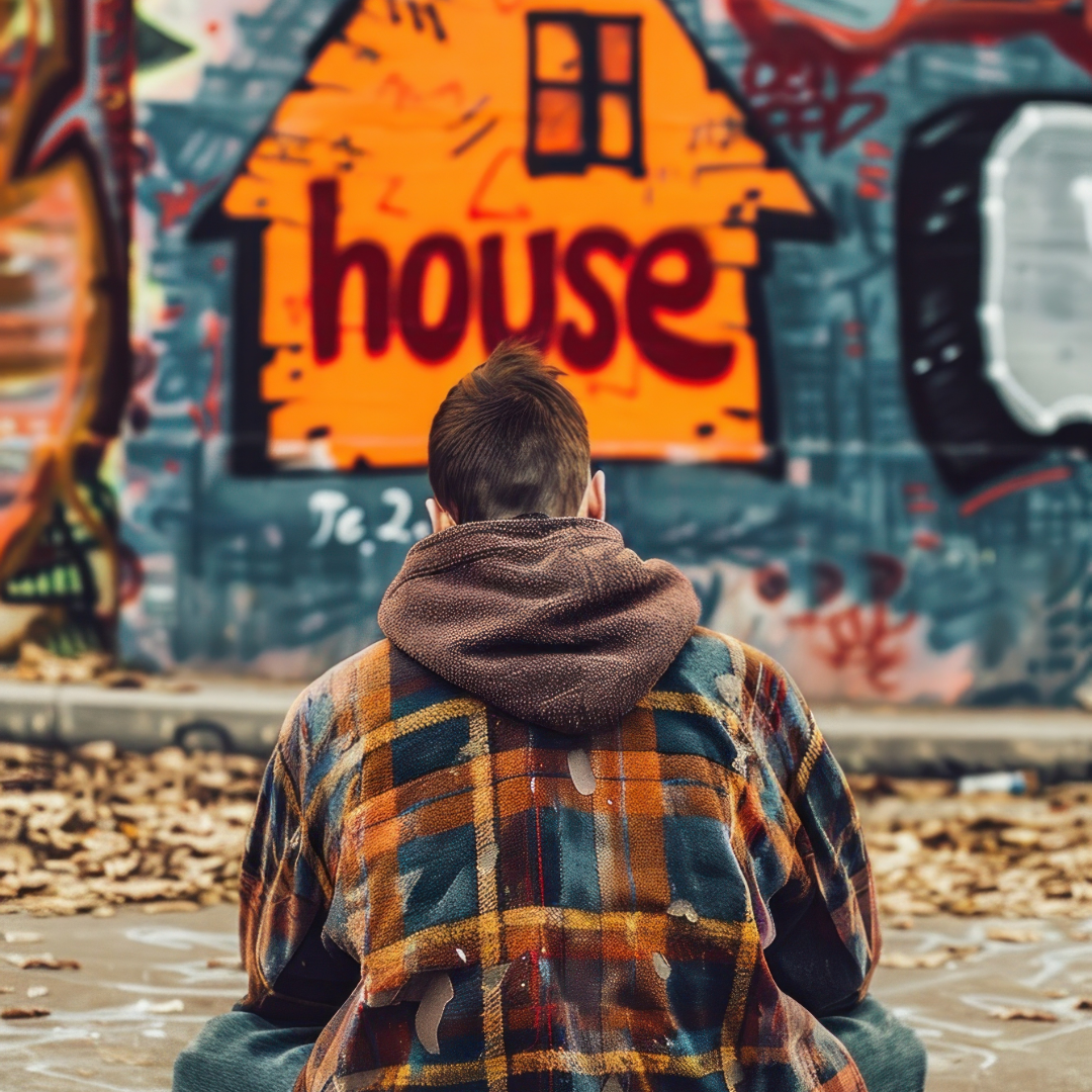 Back view of a person sitting on the ground in front of a graffiti wall with the word 'house' written on it.