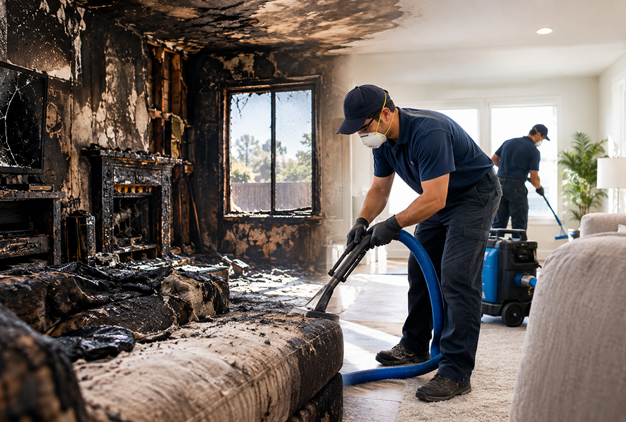 Two professionals cleaning up after a fire: one using a vacuum to remove debris from a burned living room, and another working nearby with cleaning equipment.