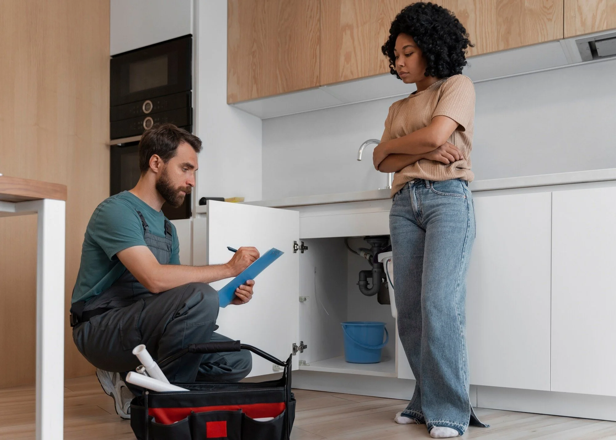 A man kneeling under a kitchen sink, working on plumbing, with a woman standing nearby watching.