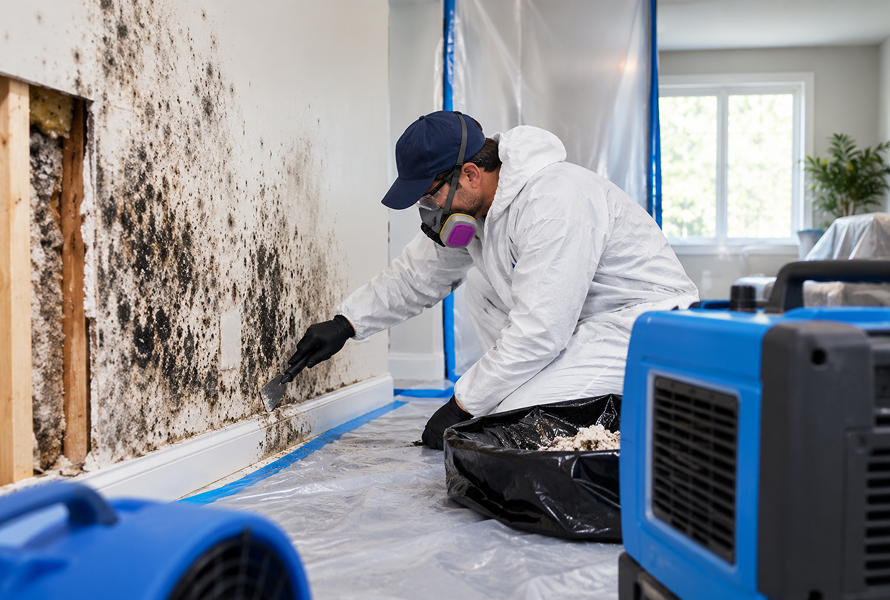 A person wearing protective gear removing mold from a wall with a scraper while kneeling on plastic sheeting, with moldy wall and home interior in the background.