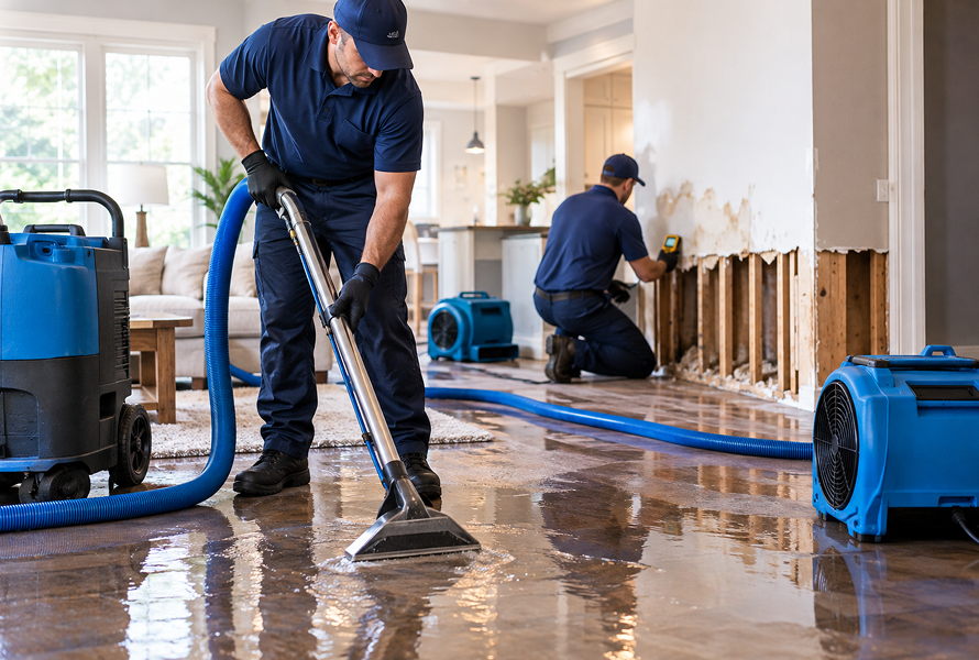 Two workmen in navy uniforms and caps are cleaning a flooded living room with commercial water extraction equipment.