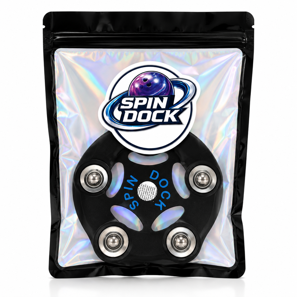 Black Spin Dock bowling ball holder with blue logo text