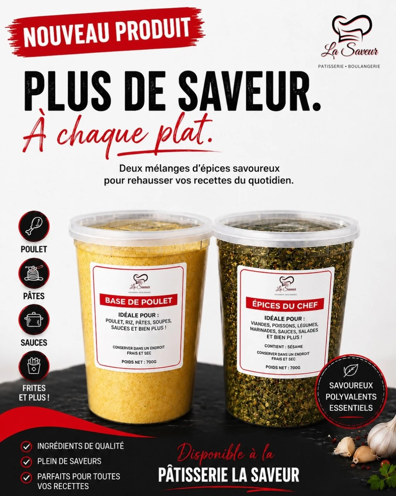 D&eacute;couvrez nos nouveaux m&eacute;langes d&rsquo;&eacute;pices :
🟡 Base de Poulet
🟢 &Eacute;pices du Chef

Disponibles d&egrave;s maintenant dans notre section &eacute;picerie &agrave; la P&acirc;tisserie La Saveur ❤️

#spiceblends #Patisserie