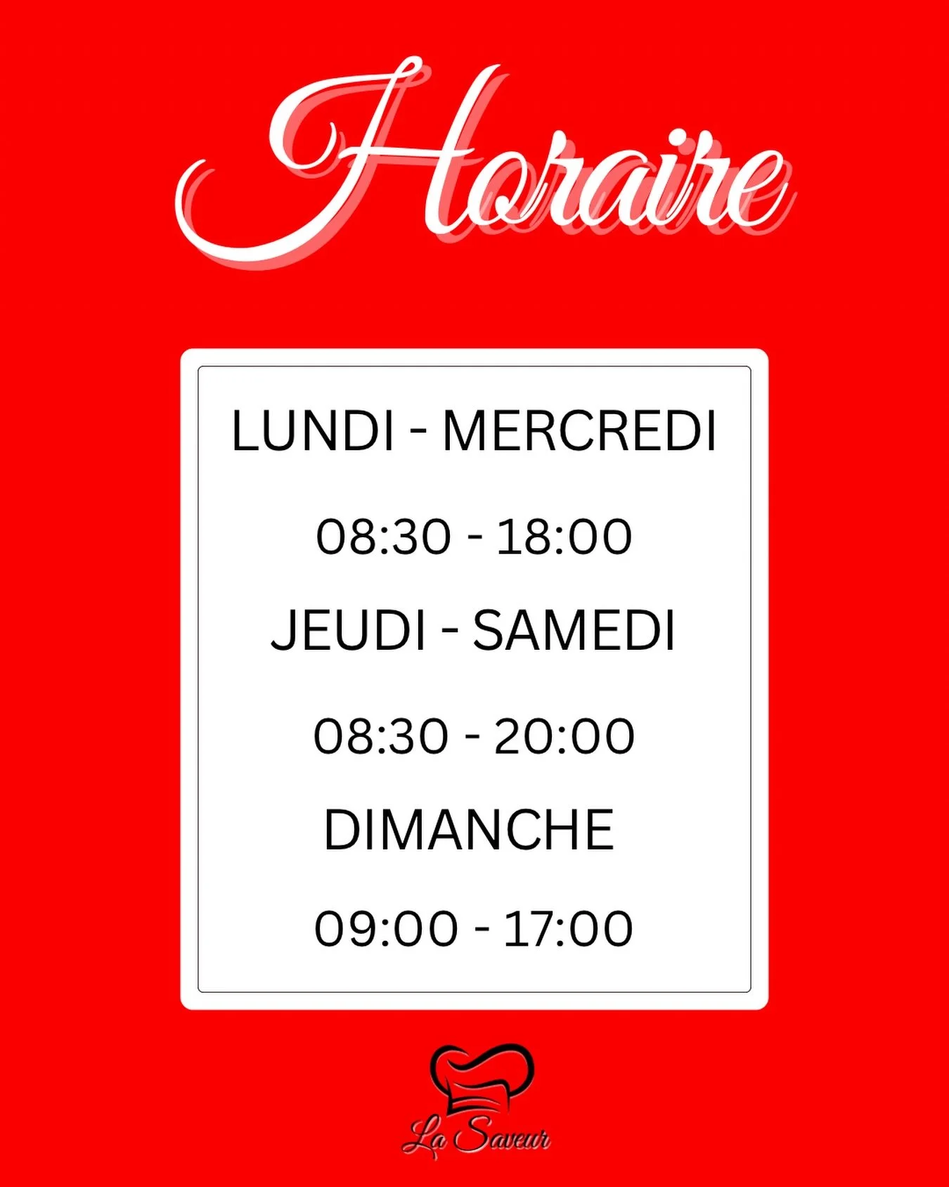 ☀️ Horaire d&rsquo;&eacute;t&eacute; ☀️ 

La P&acirc;tisserie La Saveur passe en mode &eacute;t&eacute; 🌴✨ 
Voici nos heures d&rsquo;ouverture pour la saison estivale ⏰❤️ 

Merci pour votre soutien continu 🫶🏾 
On vous attend avec plein de bonnes s