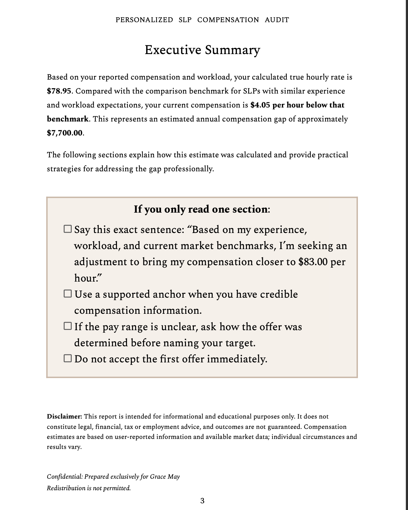 "Executive Summary" from a report on personalized salary and compensation audit, detailing hourly rate, benchmark comparison, and strategies for addressing pay gaps. Includes a checkbox section with instructions for discussing compensation adjustments.