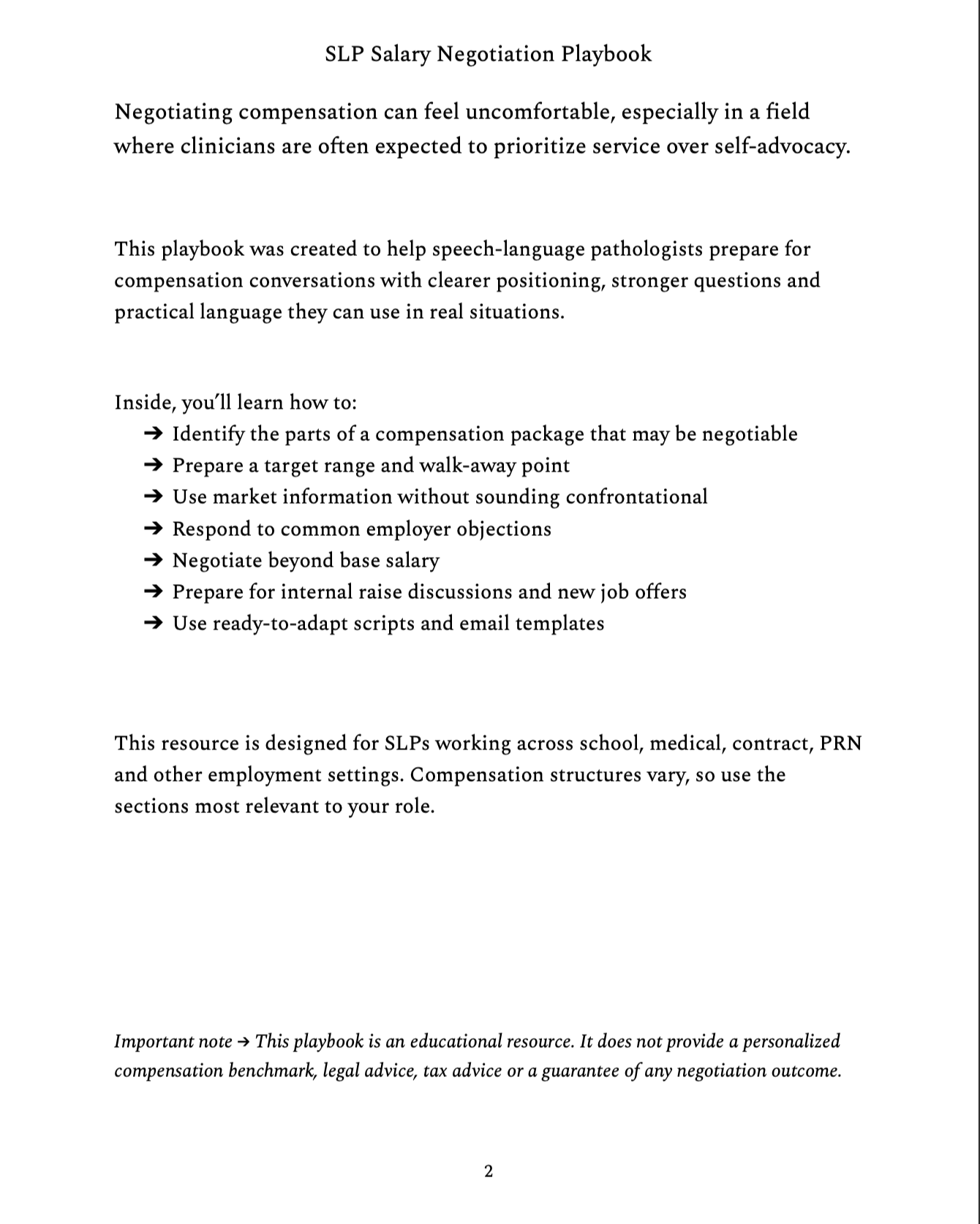 Page 2 of a document titled 'SLP Salary Negotiation Playbook' explaining the purpose of the playbook, what it teaches, and a note that it is an educational resource for speech-language pathologists regarding compensation negotiations, without personalized or legal advice.