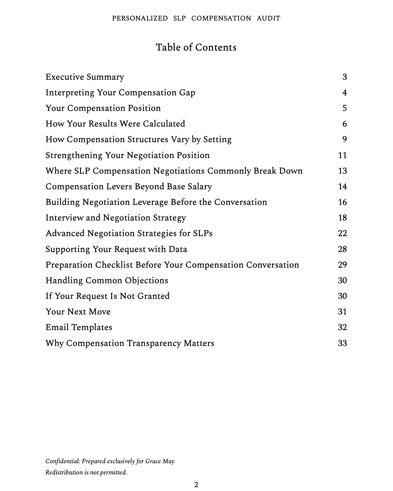 Table of contents page from a document titled 'Personalized SLP Compensation Audit', listing sections such as Executive Summary, Interpreting Your Compensation Gap, Your Compensation Position, How Your Results Were Calculated, How Compensation Structures Vary by Setting, Strengthening Your Negotiation Position, and others, with page numbers.