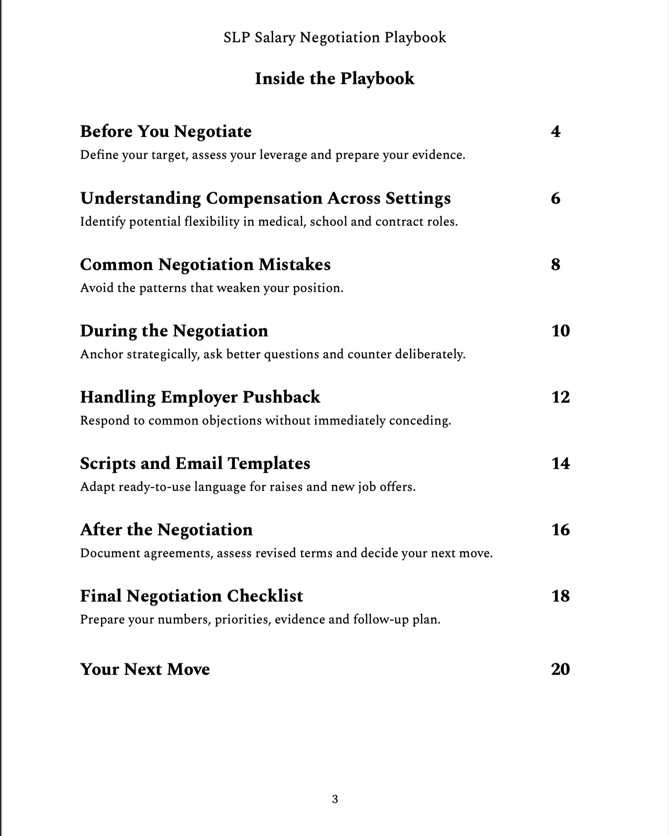 Table of contents for SLP Salary Negotiation Playbook including sections on negotiation preparation, understanding compensation, negotiation mistakes, during negotiations, handling pushback, scripts and email templates, post-negotiation, final checklist, and next steps.