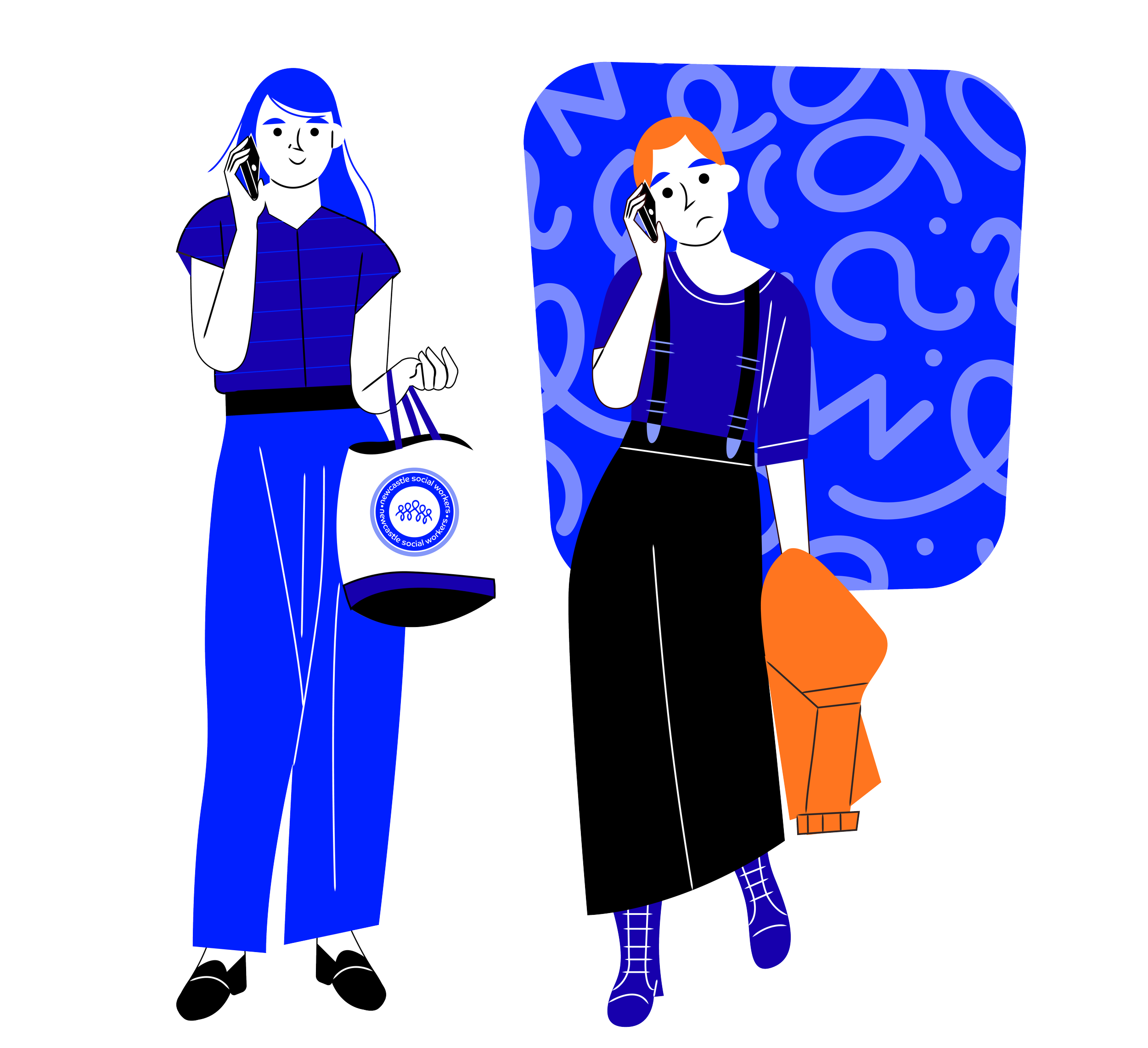 Two illustrated characters, a woman and a man, talking on phones. The woman has long blue hair and wears a blue outfit, while the man has red hair and wears a striped jacket. The background is a blue abstract pattern.