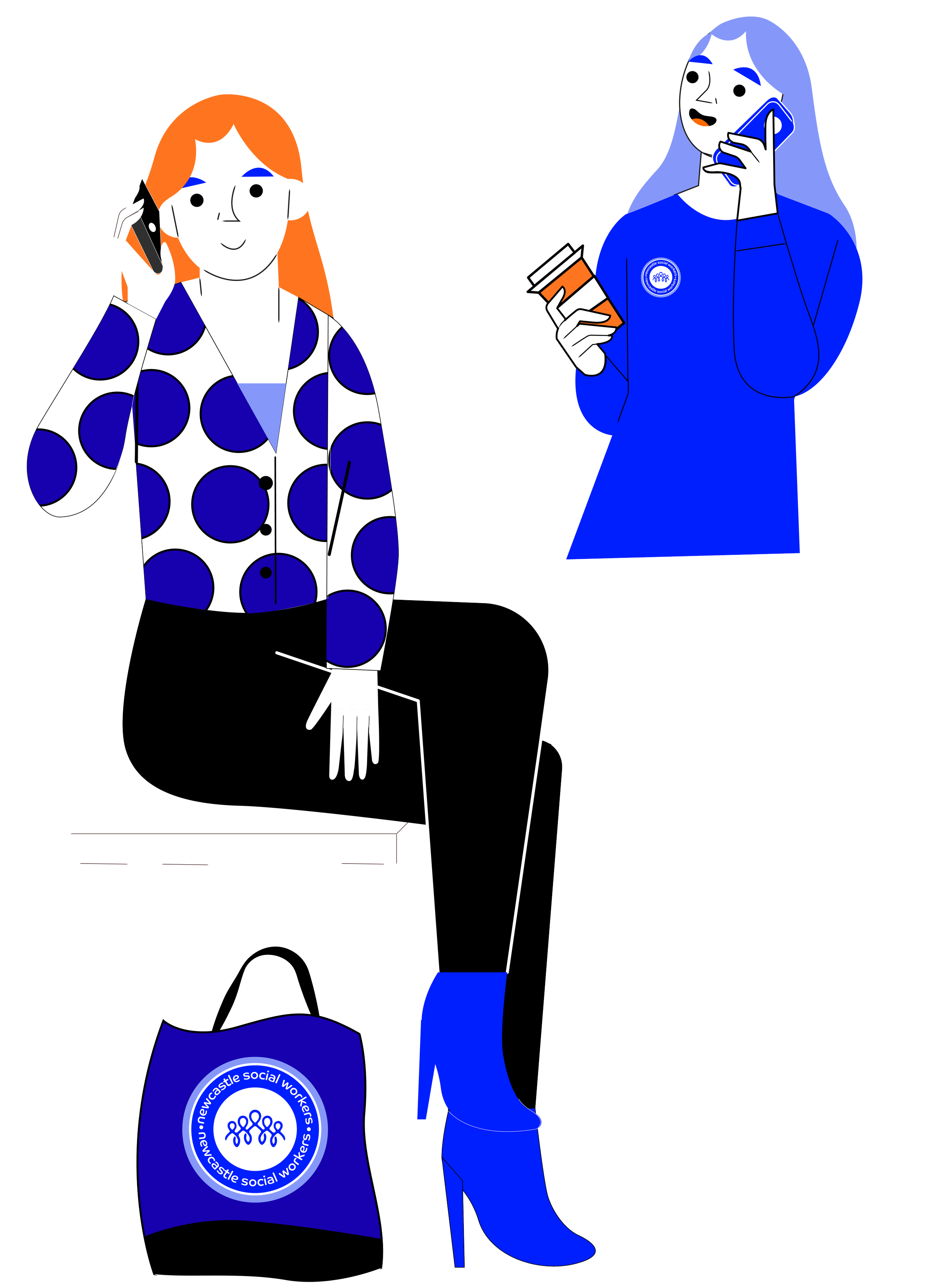 Illustration of two women talking on their phones. One is sitting with a Newcastle social workers bag nearby, and the other is standing in a blue outfit with a badge, holding a coffee cup.