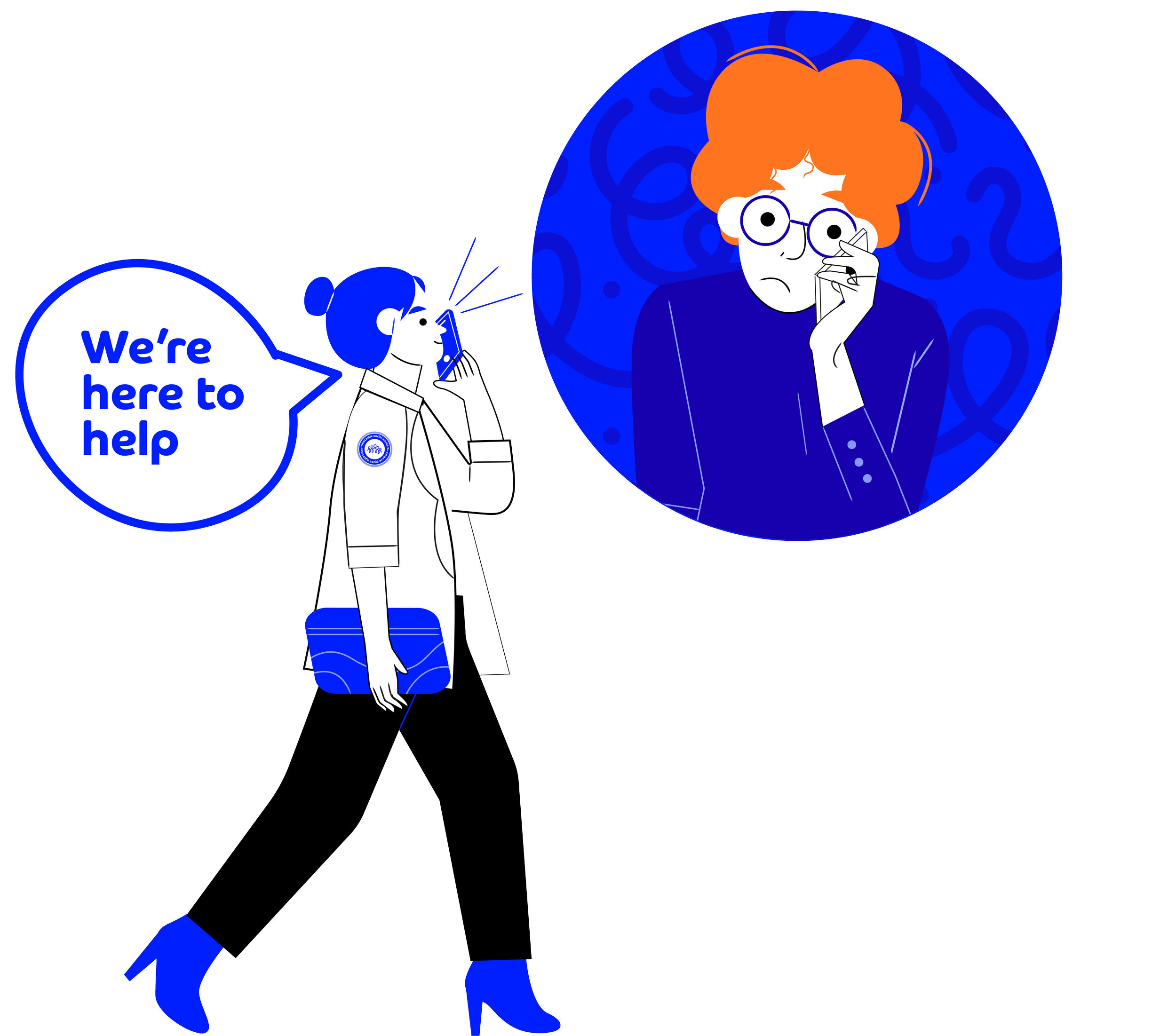 Digital illustration of a woman with curly red hair and glasses talking on a mobile phone, with a speech bubble that says 'We're here to help'.