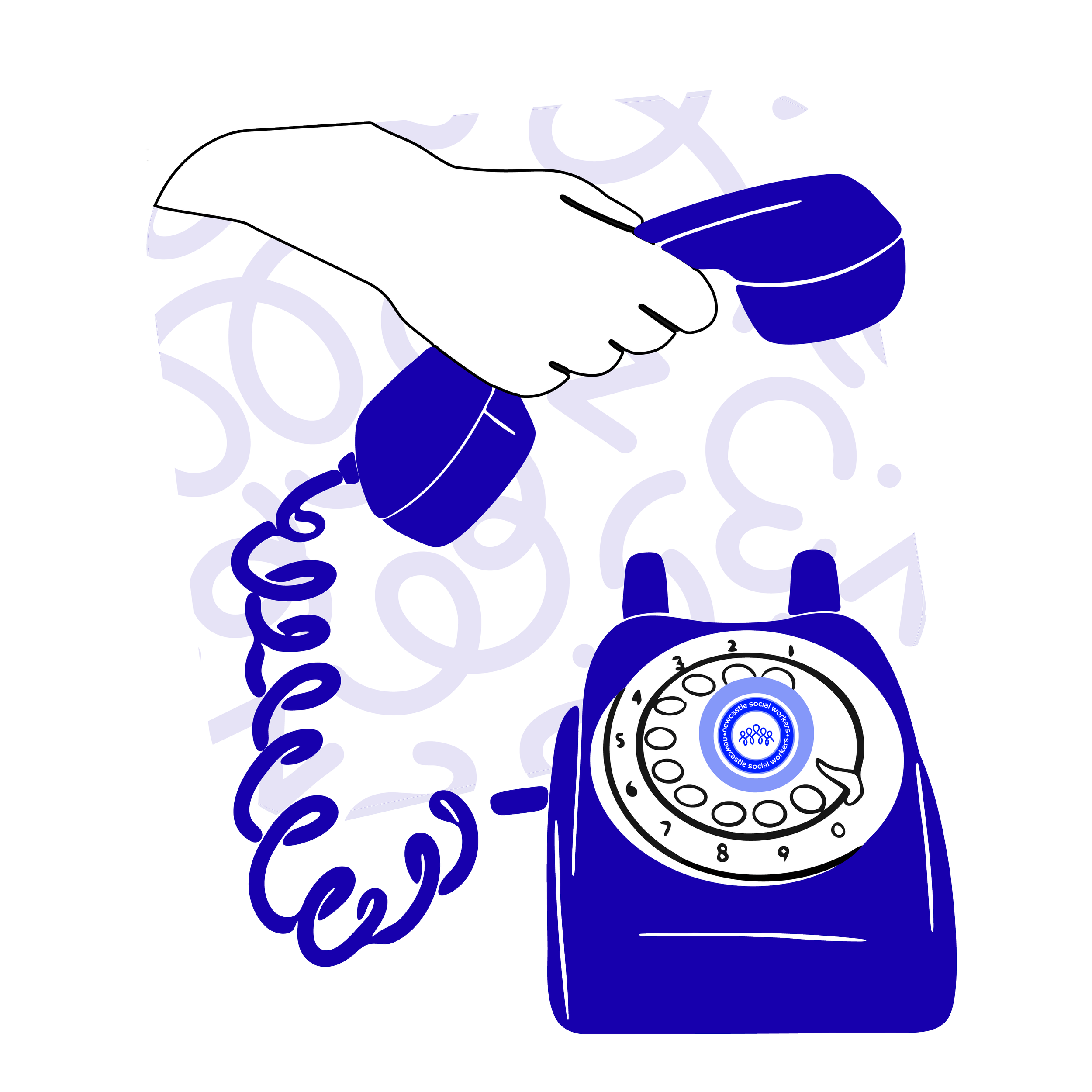 A graphic illustration of a rotary telephone with a coiled cord, the phone is blue and white, with the bottom part containing a logo for Newcastle Social Workers.