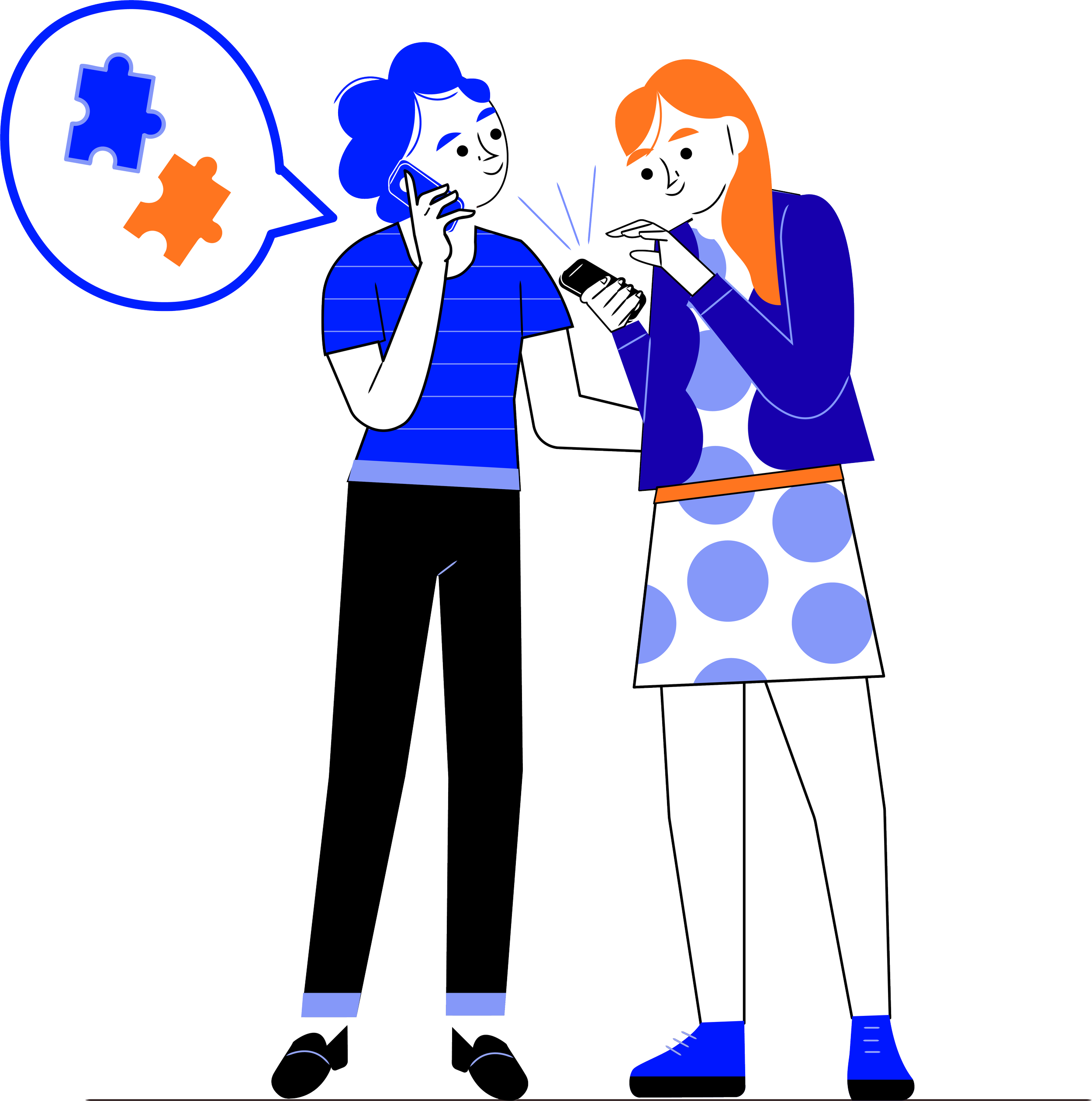 Two women are looking at their smartphones while talking. One has dark hair in a bun, and the other has red hair. Speech bubbles show puzzle pieces.