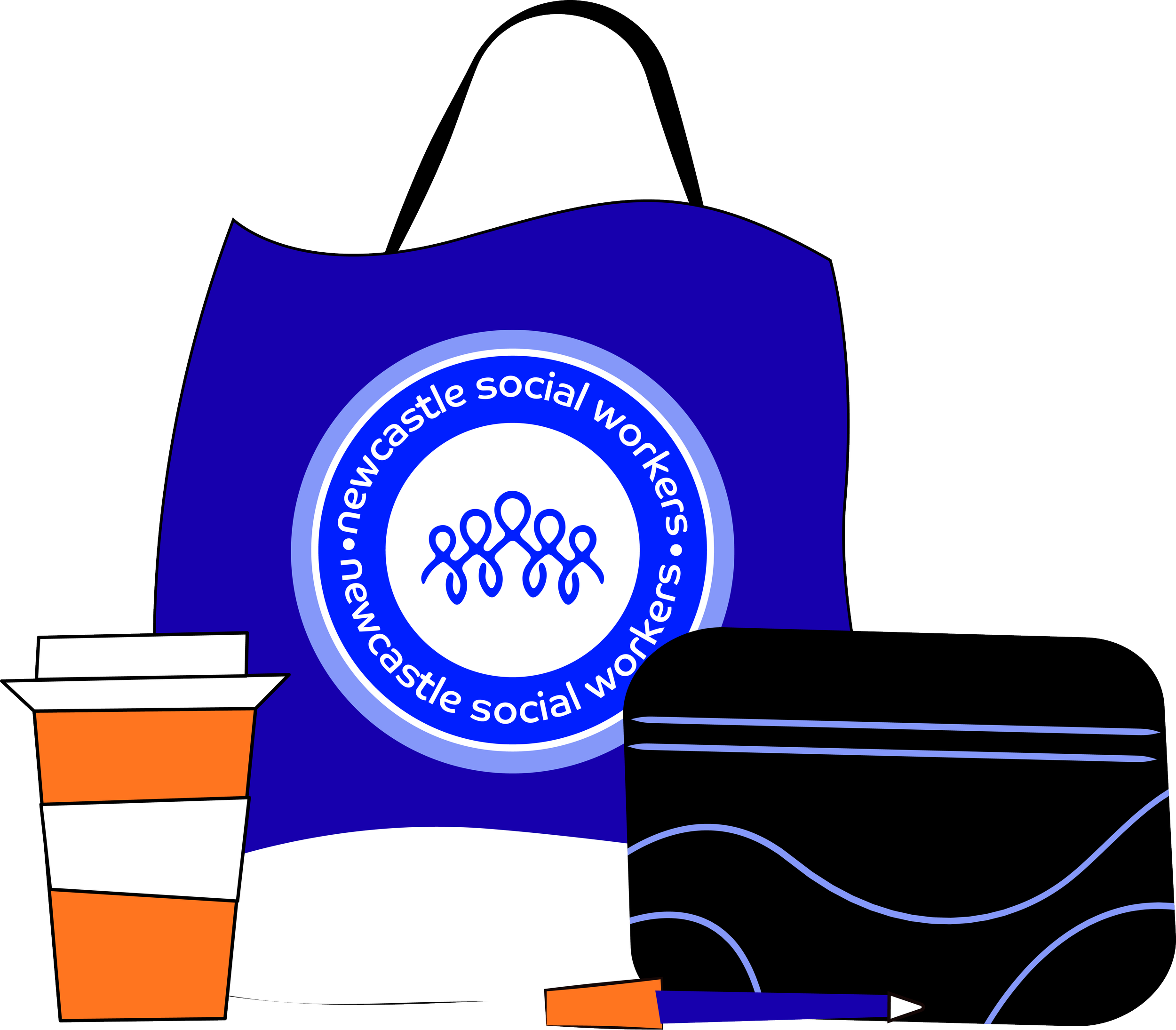drawing of a person wearing a dark jacket, blue scarf, orange and white striped shirt, and orange pants, sitting at a desk with a cup of coffee, a computer, and a large blue badge with white text reading 'Newcastle social workers'.