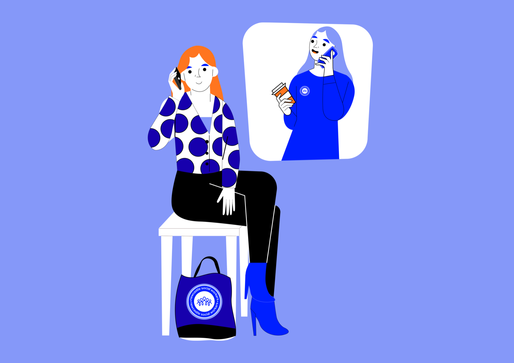 Illustration of a woman with red hair, wearing a polka dot jacket, sitting on a stool, talking on the phone, and holding a smartphone and a coffee cup. There is a large mirror behind her showing her reflection holding a phone.